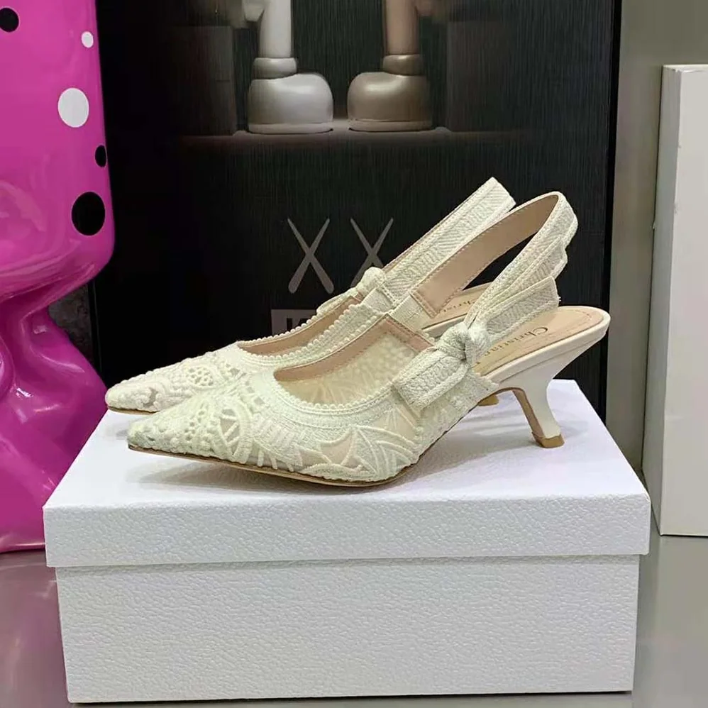 Dior J Sdior Slingback Pump White Macramé Embroidered Cotton for Women