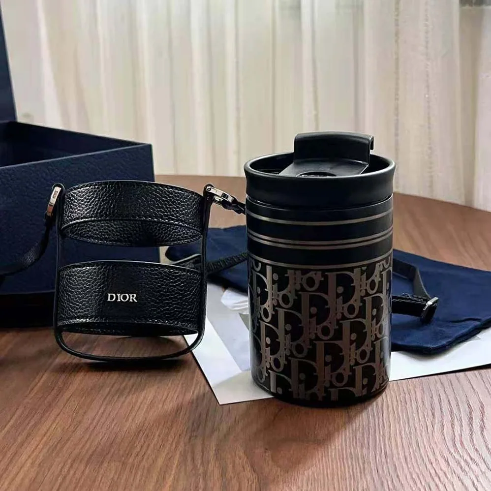 Dior Aqua Mug with Shoulder Strap Black Grained Calfskin and Dior Oblique Stainless Steel for Unisex