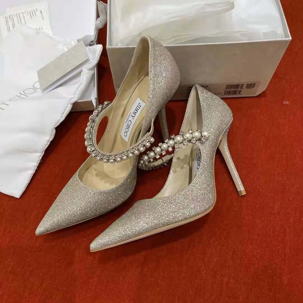 Jimmy Choo Baily 100 Platinum Ice Dusty Glitter Pumps with Crystal and Pearl Strap for Women Jimmy Choo Baily 100 Platinum Ice Dusty Glitter Pumps with Crystal and Pearl Strap for Women