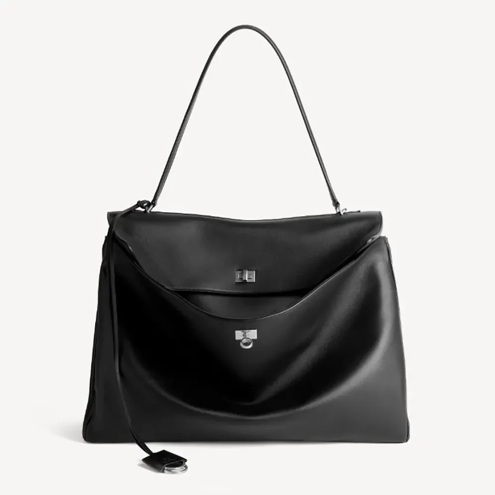 Balenciaga Rodeo Handbag Large In Black Smooth Calfskin Aged for Women in Silver Hardware