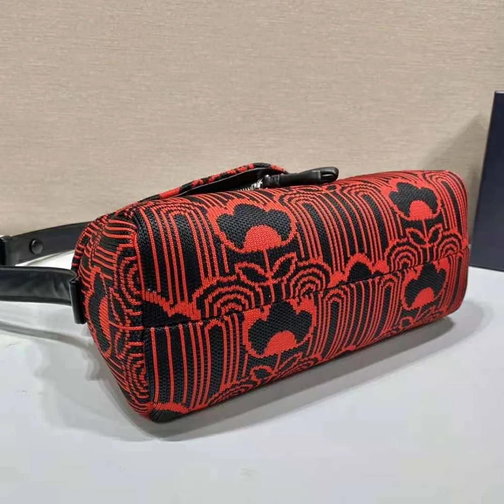 Prada Jacquard Knit and Leather Prada Signaux Bag for Women in Red Prada Jacquard Knit and Leather Prada Signaux Bag for Women in Red