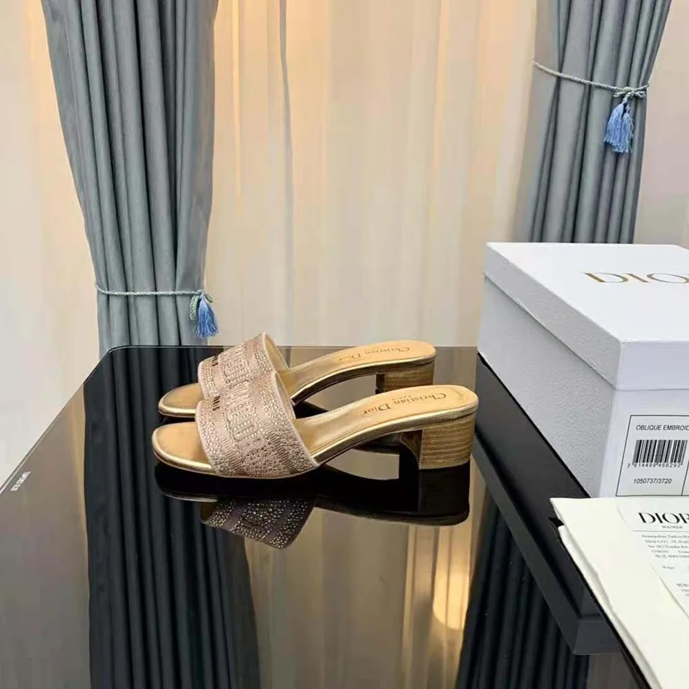 Dior Dway Heeled Slide Gold for Women in Tone Cotton Embroidered Dior Dway Heeled Slide Gold for Women in Tone Cotton Embroidered