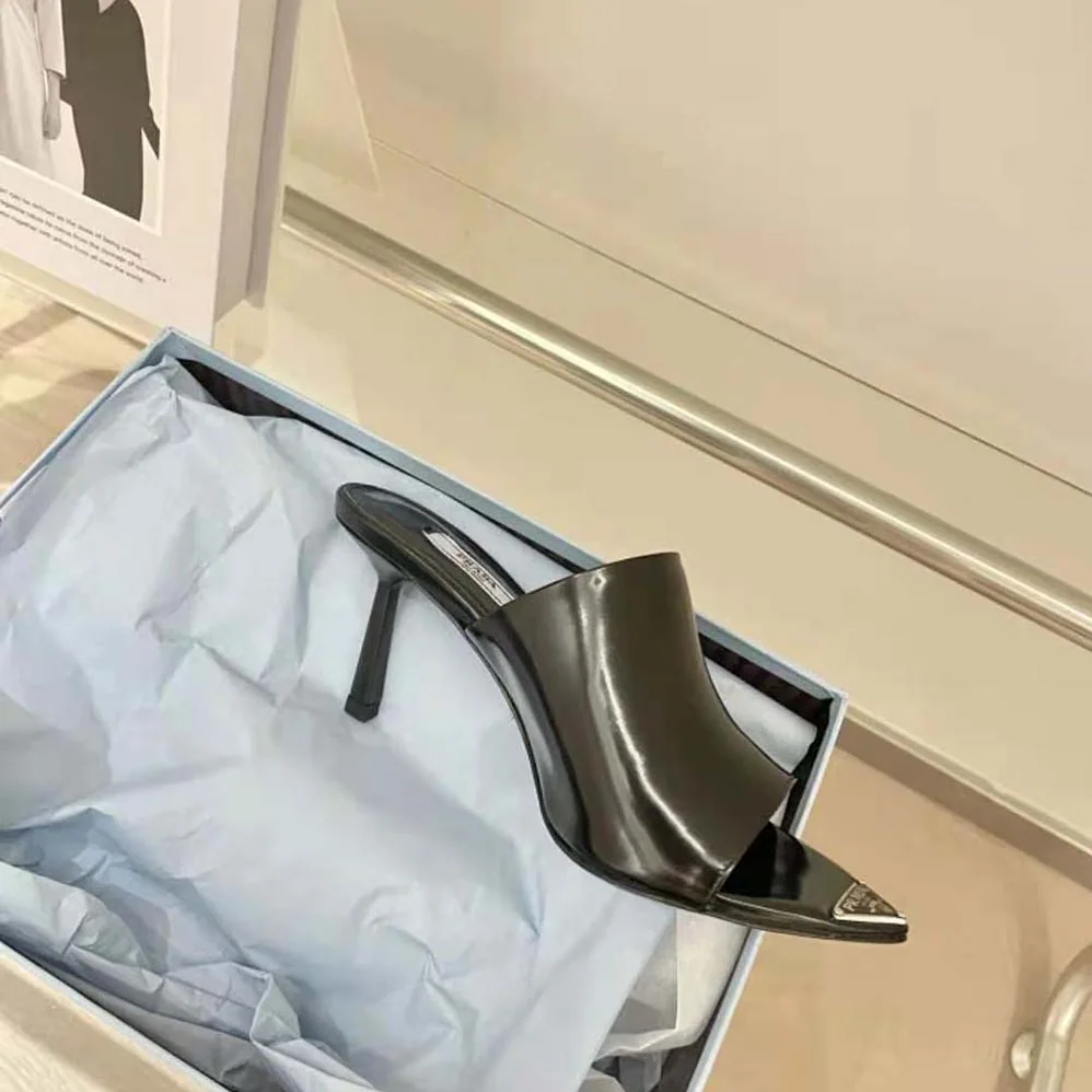Prada Brushed Leather High-Heel Slides in 75mm Heel Height for Women