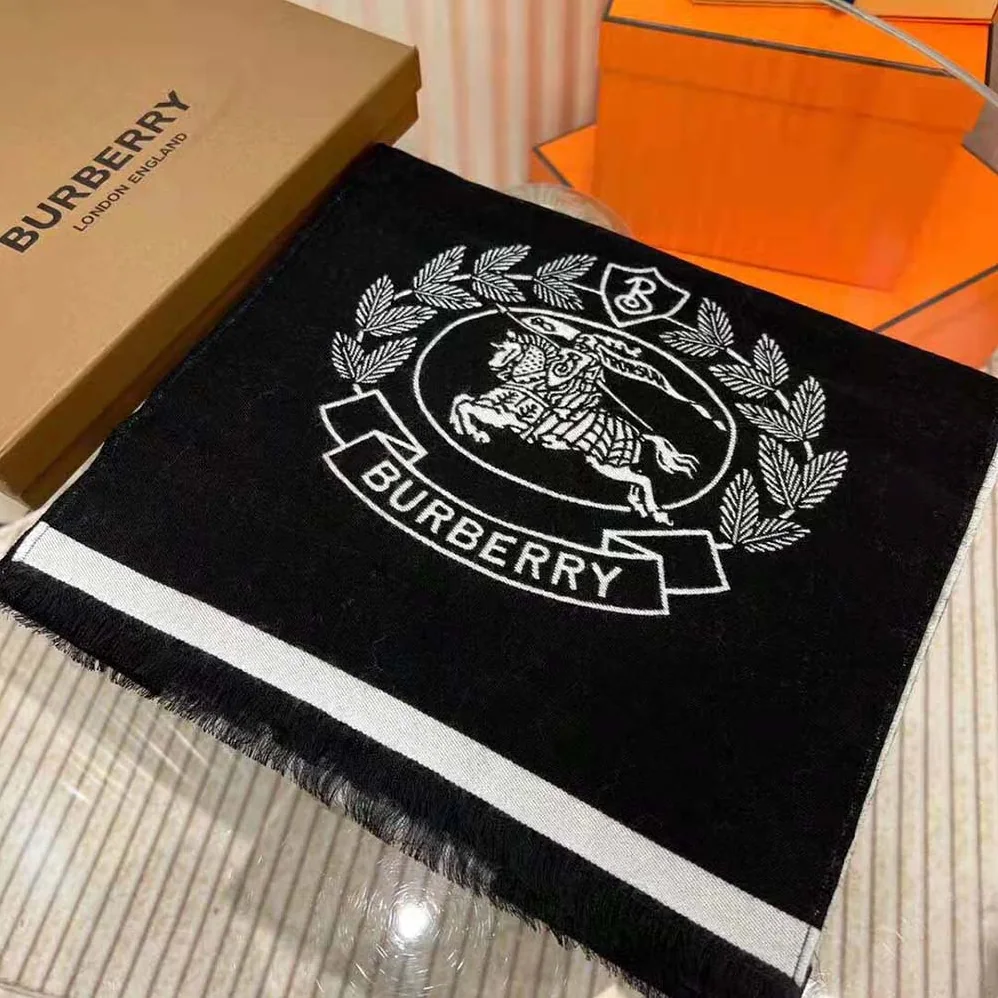 Burberry Logo and EKD Wool Silk Jacquard Scarf for Women in Black Burberry Logo and EKD Wool Silk Jacquard Scarf for Women in Black