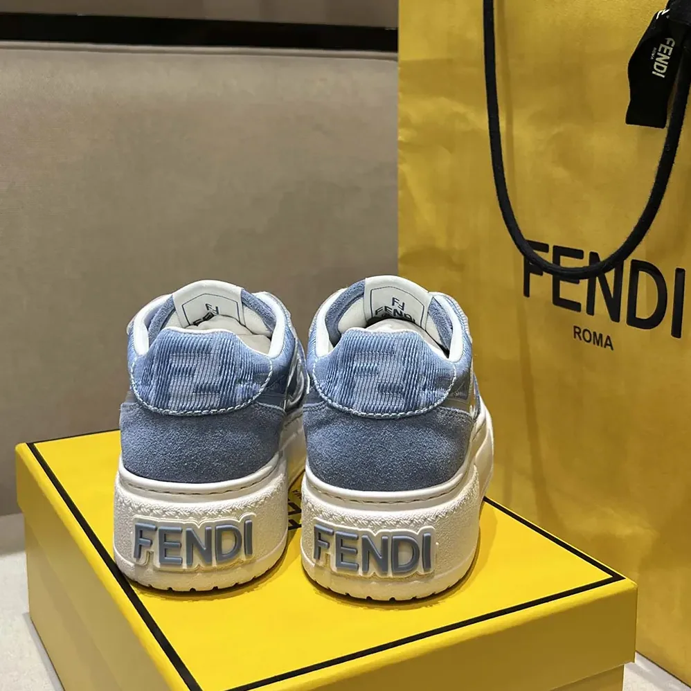 Fendi Match Denim-effect FF Jacquard and Light Blue Suede Platform Low Tops for Women