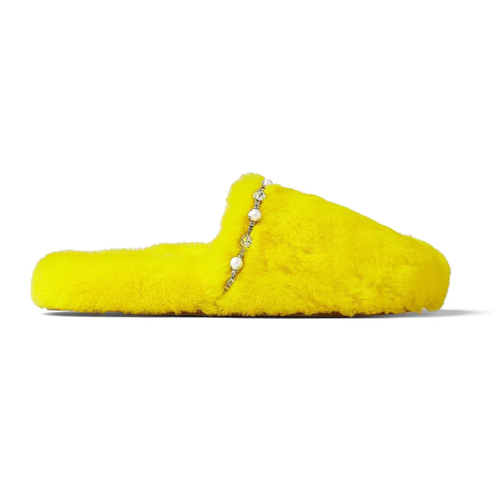 Jimmy Choo Aliette Flat Mimosa Shearling Slippers for Women in Yellow Jimmy Choo Aliette Flat Mimosa Shearling Slippers for Women in Yellow
