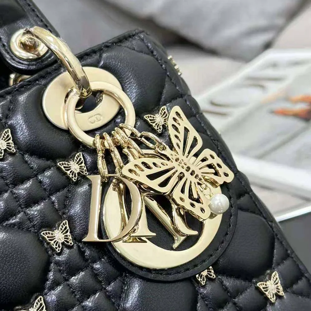 Dior Small Lady Dior Bag Black Cannage Lambskin with Gold for Women in Finish Butterfly Studs