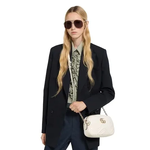 Gucci Marmont Camera Small Shoulder Bag in White Gold Hardware