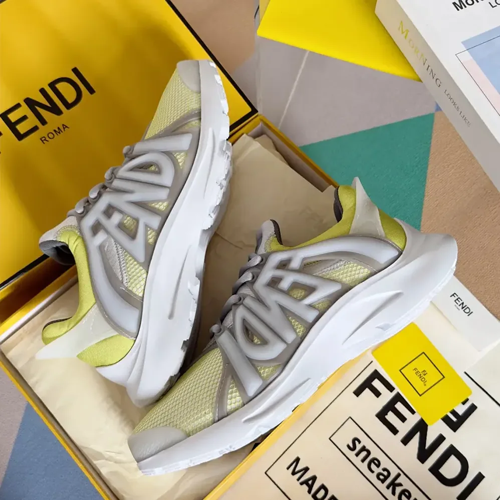Fendi Tag Sneakers Yellow Technical Mesh Running Sneakers for Men Fendi Tag Sneakers Yellow Technical Mesh Running Sneakers for Men