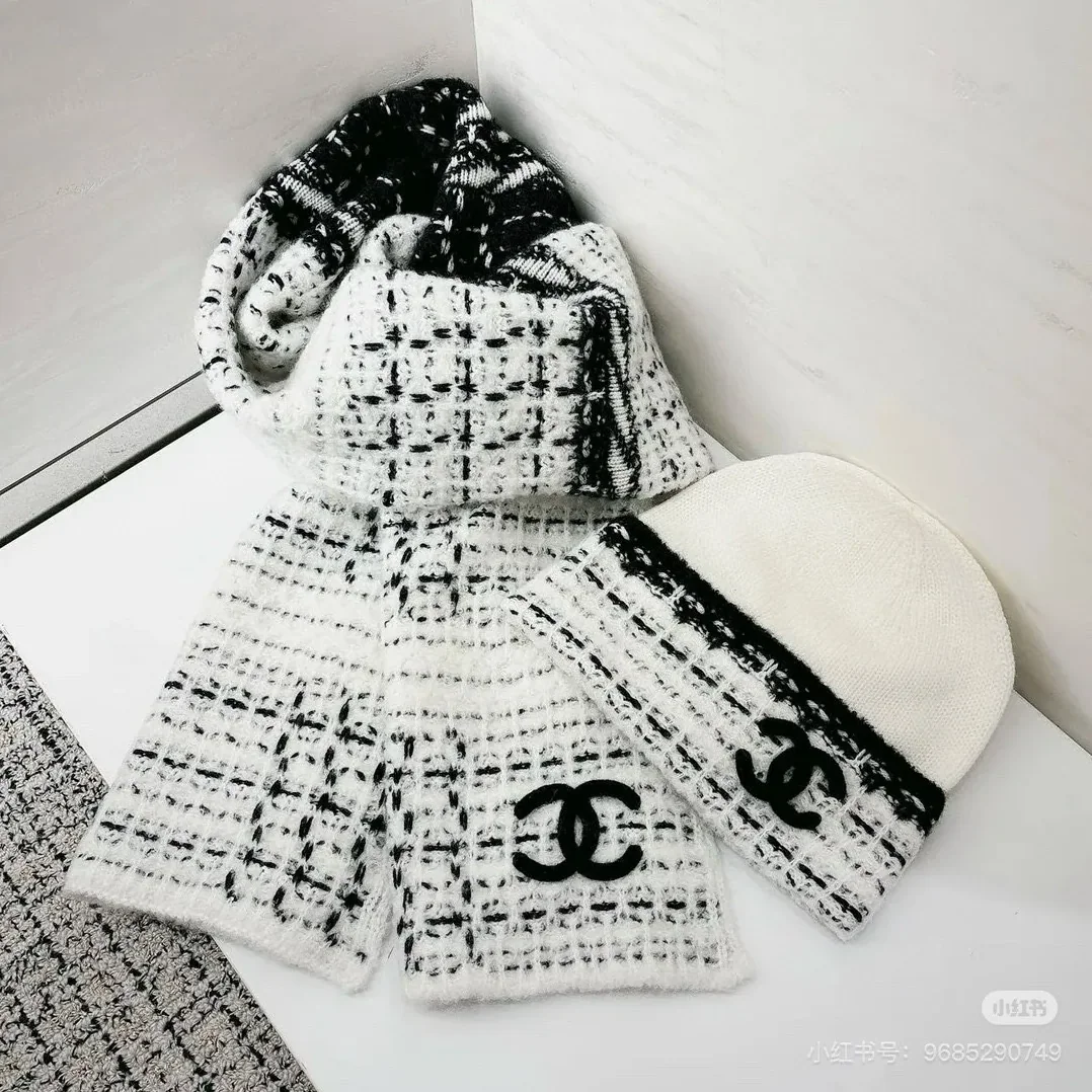 Chanel Scarf And Beanie Set In Black in White Chanel Scarf And Beanie Set In Black in White