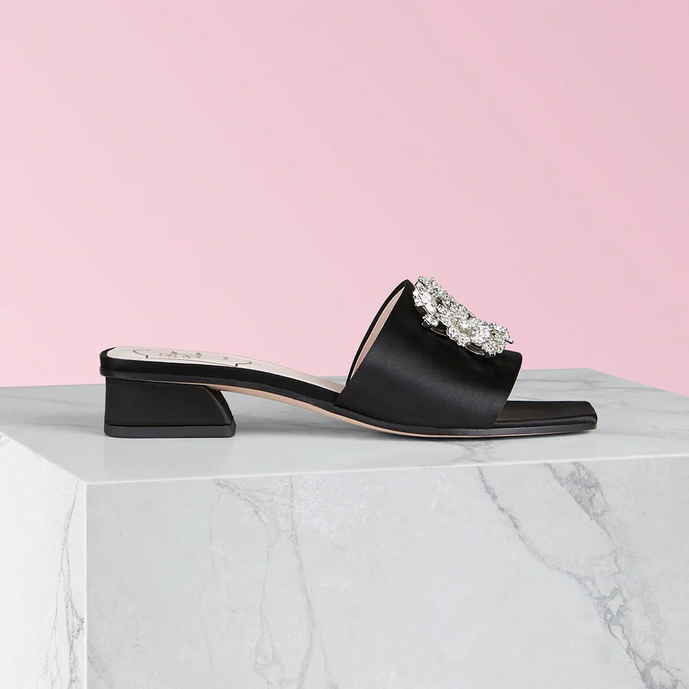Roger Vivier RV Bouquet Strass Buckle Mules in Satin 2.5cm Heel for Women Roger Vivier RV Bouquet Strass Buckle Mules in Satin 2.5cm Heel for Women