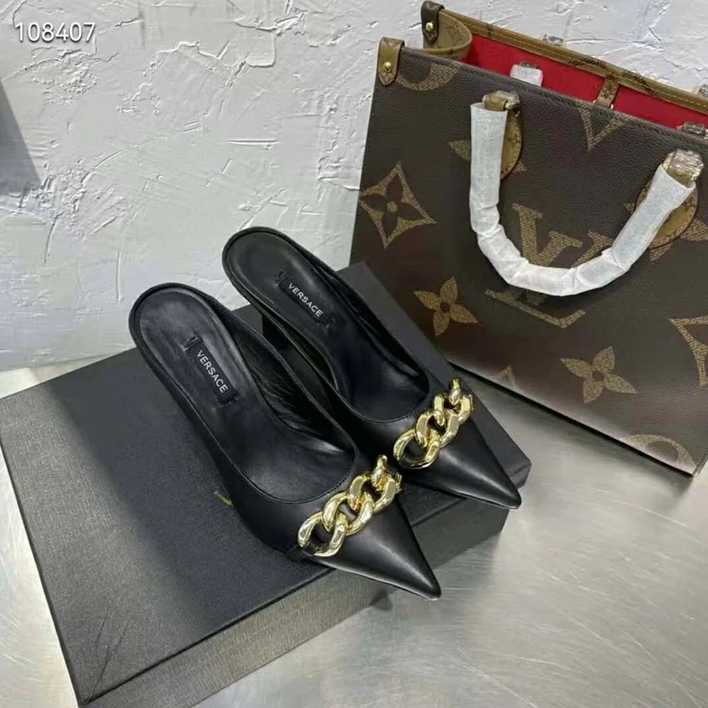 Versace Medusa Chain Nappa Leather Mules for Women in Black Versace Medusa Chain Nappa Leather Mules for Women in Black
