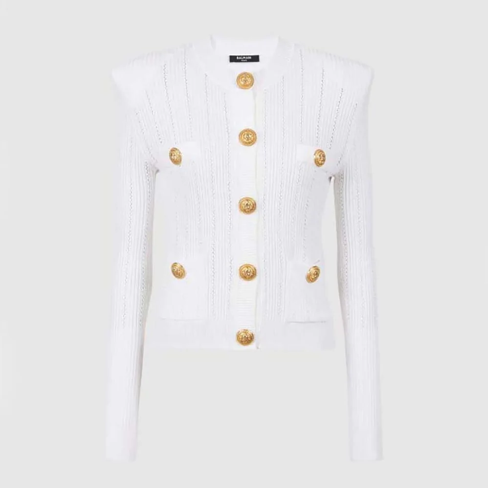 Balmain Knit Cardigan with Gold Buttons for Women in White