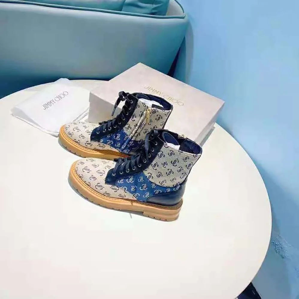 Jimmy Choo Cora Flat Sand Dune JC Monogram Jacquard and Leather Mix Combat Boots for Women
