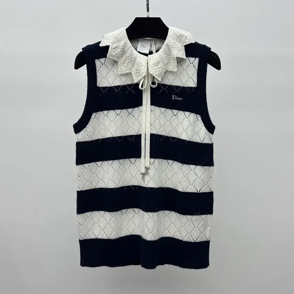 Dior Marinière Sweater Vest White and Navy Blue Openwork Cashmere Knit for Women