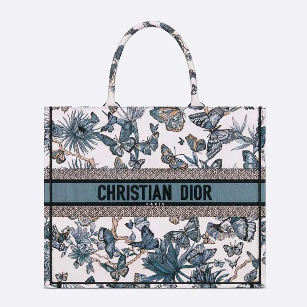 Dior Large Dior Book Tote White and Pastel Midnight Blue Toile de Jouy Mexico Embroidery for Women