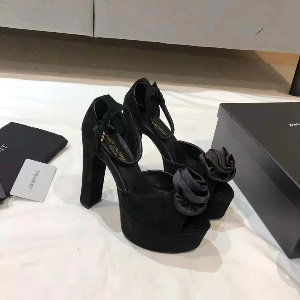 Saint Laurent YSL Jodie Platform Sandals in Suede with Silk Satin Flower for Women in Black Saint Laurent YSL Jodie Platform Sandals in Suede with Silk Satin Flower for Women in Black