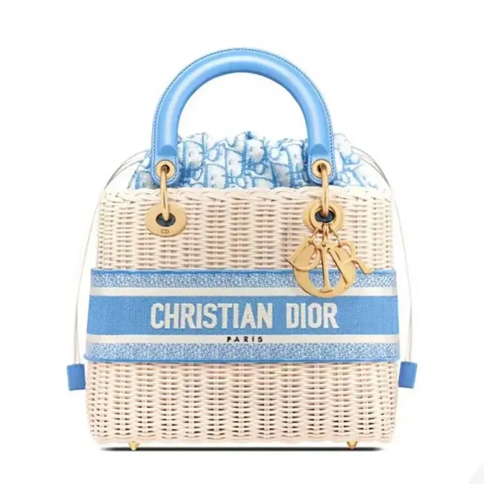 Dior Medium Lady Dior Bag Natural Wicker and Light Blue Dior Oblique Jacquard for Women