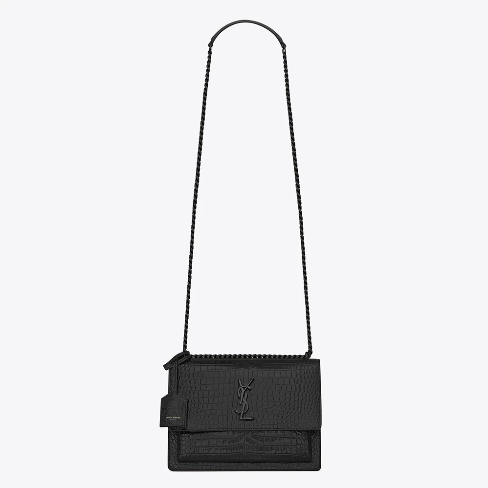 Saint Laurent YSL Sunset Medium in Crocodile Embossed Shiny Leather for Women in Black