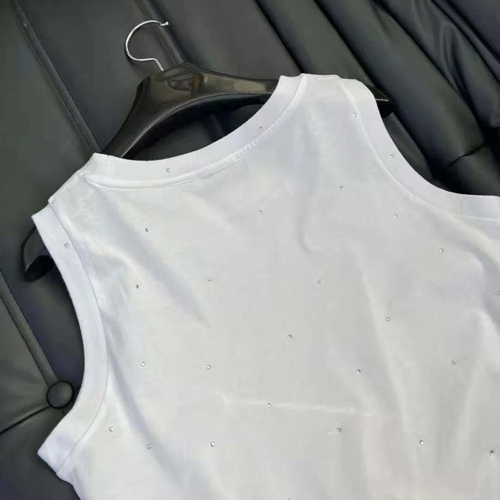 Miu Miu Cotton Top with Crystals with Embroidered Logo for Women in White Miu Miu Cotton Top with Crystals with Embroidered Logo for Women in White