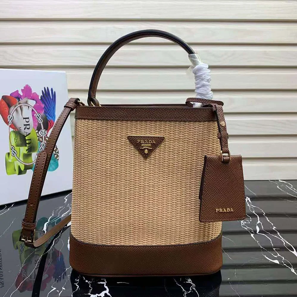 Prada Prada Panier Medium Straw Bag for Women in Brown Prada Prada Panier Medium Straw Bag for Women in Brown