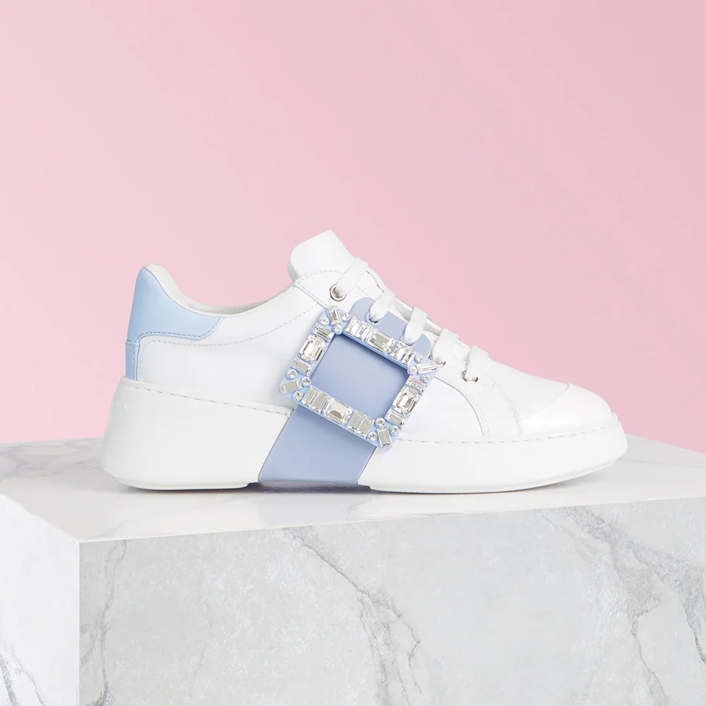 Roger Vivier Viv Skate Strass Buckle Sneakers in Soft Leather for Women in Blue Roger Vivier Viv Skate Strass Buckle Sneakers in Soft Leather for Women in Blue