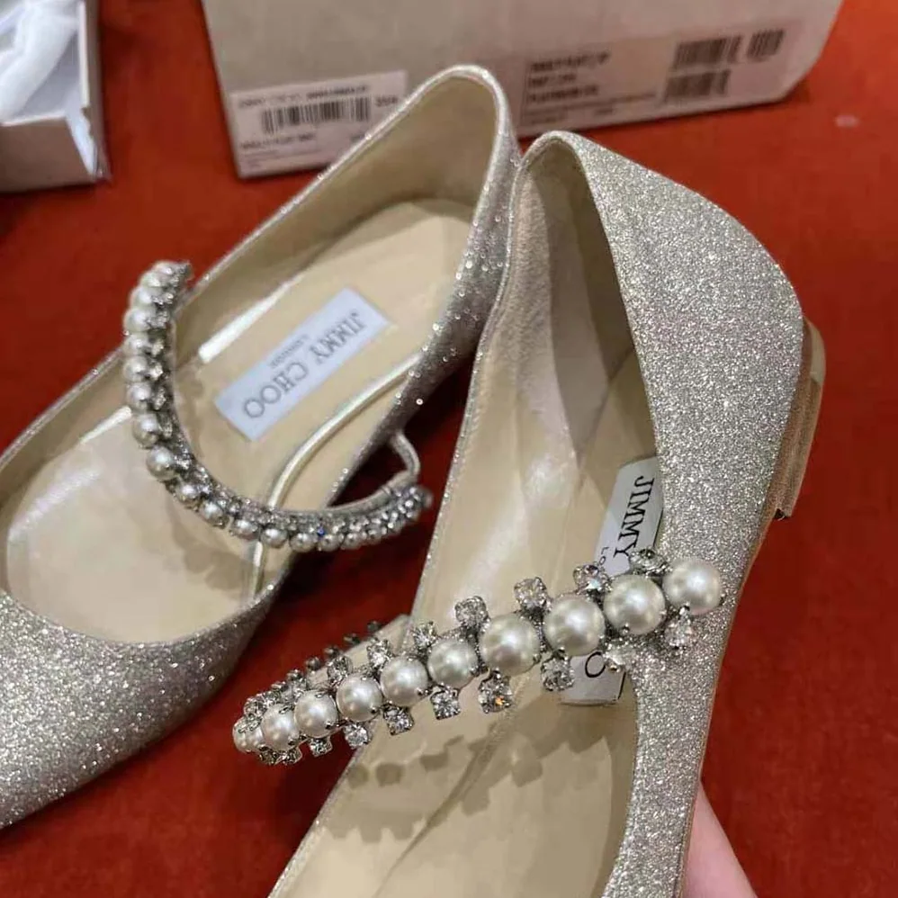 Jimmy Choo Baily Flat Platinum Ice Dusty Glitter Flats with Crystal and Pearl Strap for Women Jimmy Choo Baily Flat Platinum Ice Dusty Glitter Flats with Crystal and Pearl Strap for Women