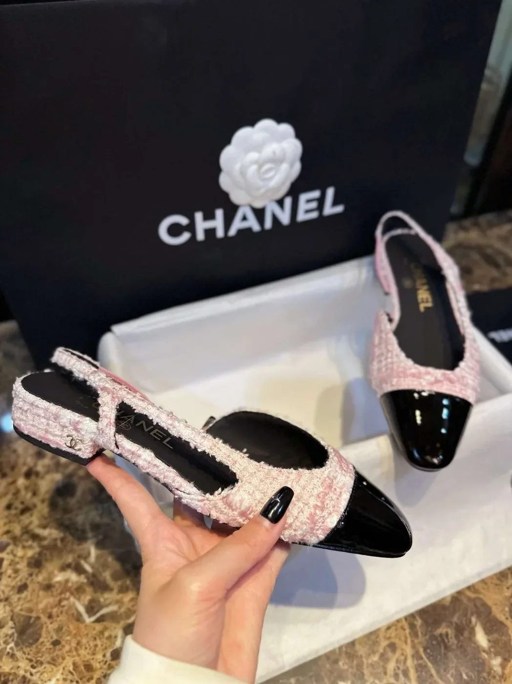 Chanel Sling Back Tweed Sandals Pink