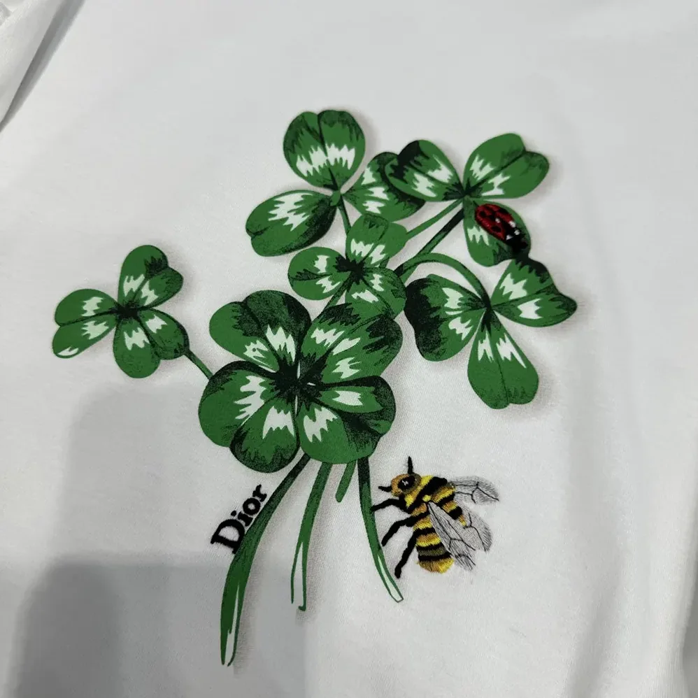 Dior Fitted T-Shirt White Cotton Jersey with Green Dior Clover Motif for Women