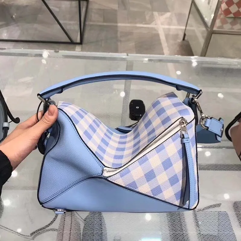 Loewe Puzzle Gingham Bag in Calfskin for Women in Blue Loewe Puzzle Gingham Bag in Calfskin for Women in Blue