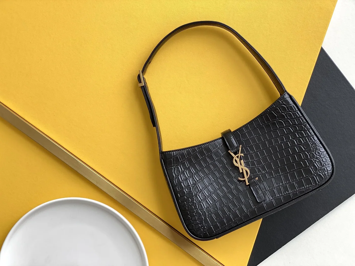 Saint Laurent LE 5 À 7 Hobo Bag Black In Embossed Material in YSL Saint Laurent LE 5 À 7 Hobo Bag Black In Embossed Material in YSL
