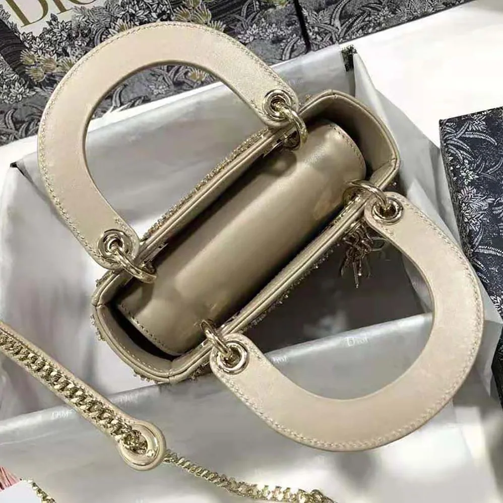 Dior Mini Lady Dior Bag Metallic Cannage Calfskin with Platinum Beaded Embroidery for Women