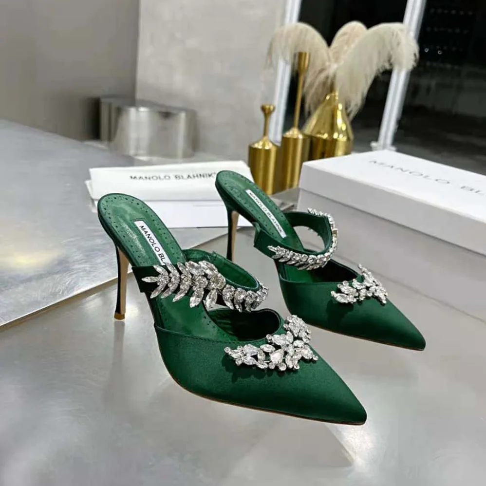Manolo Blahnik Green Satin Crystal Embellished Mules for Women Manolo Blahnik Green Satin Crystal Embellished Mules for Women
