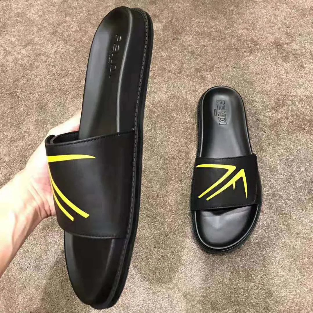 Fendi SLIDES Black Scuba and Leather Slides for Men