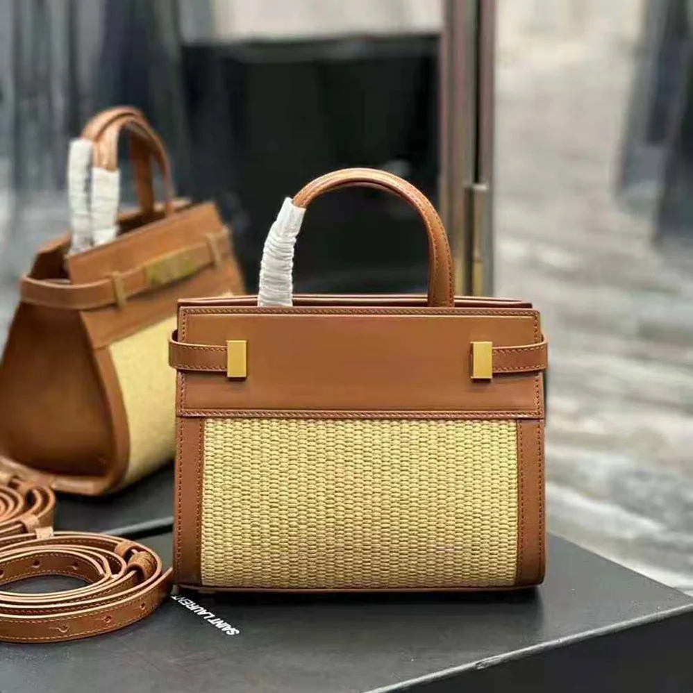 Saint Laurent YSL Manhattan Nano Shopping Bag in Raffia and Smooth Leather for Women in Brown Saint Laurent YSL Manhattan Nano Shopping Bag in Raffia and Smooth Leather for Women in Brown