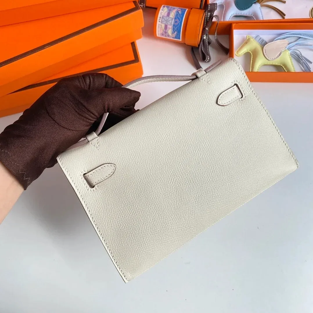 Hermes Kelly Pochette Top Handle Bag in Blanc Epsom Palladium Hardware