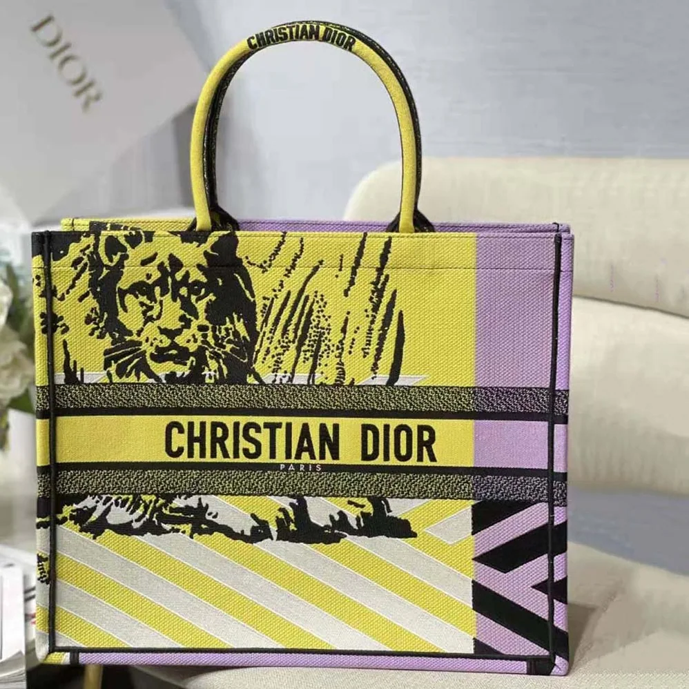 Dior Large Dior Book Tote Bright Yellow and Pink D for Women in Jungle Pop Embroidery Dior Large Dior Book Tote Bright Yellow and Pink D for Women in Jungle Pop Embroidery