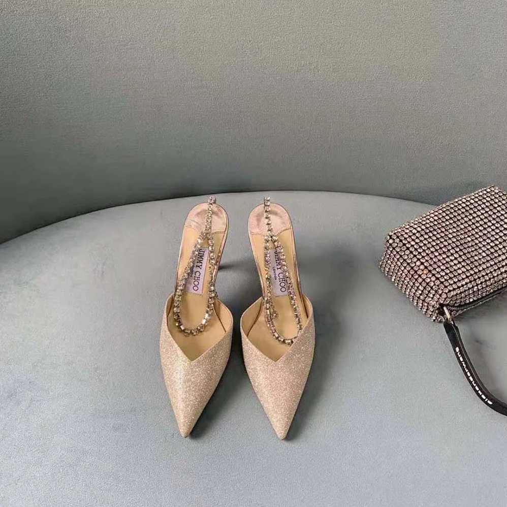 Jimmy Choo Saeda 100 Platinum Ice Dusty Glitter Pumps with Crystal Embellishment for Women Jimmy Choo Saeda 100 Platinum Ice Dusty Glitter Pumps with Crystal Embellishment for Women