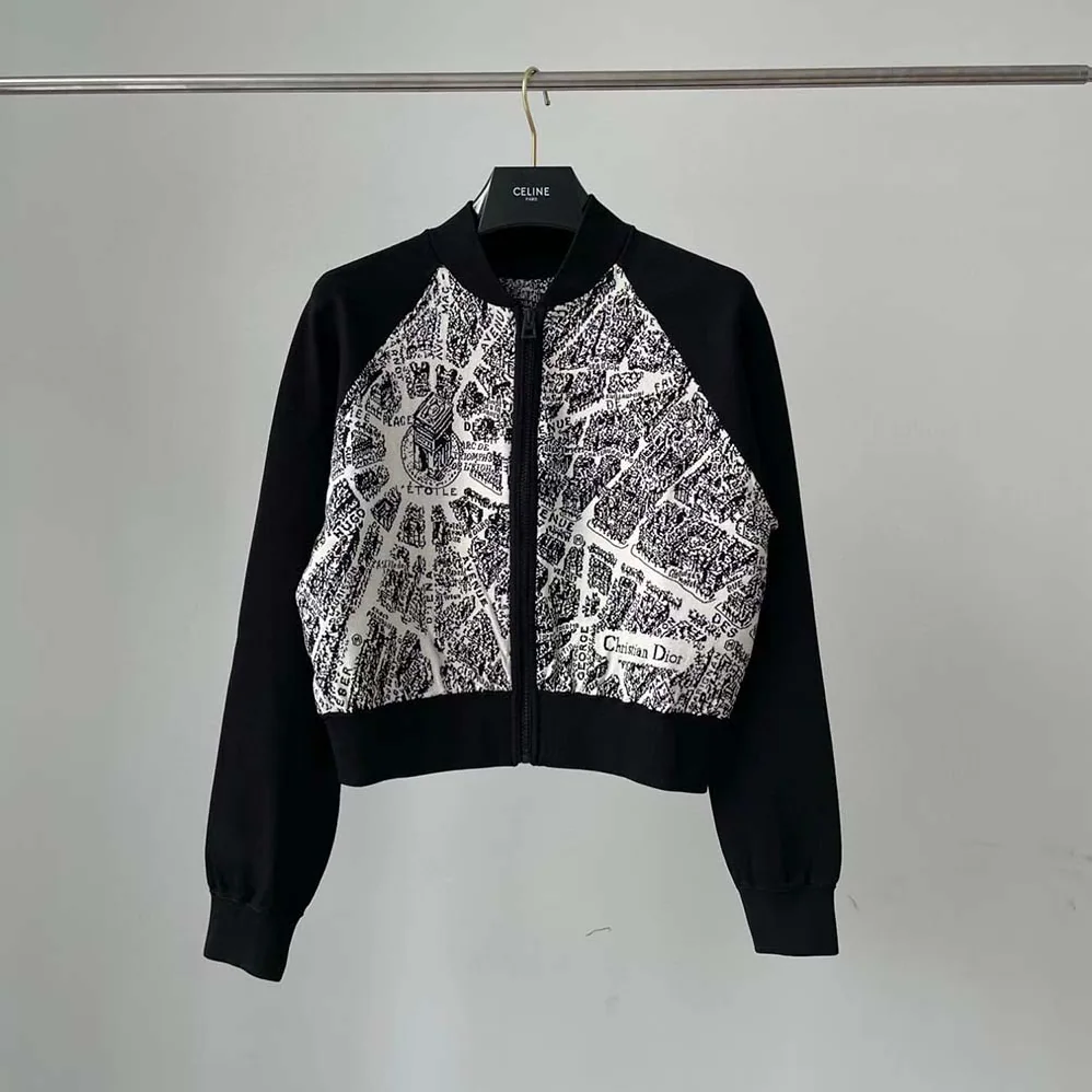 Dior Cropped Bomber Jacket Black and White Technical Taffeta Jacquard with Plan de Paris Motif for Women