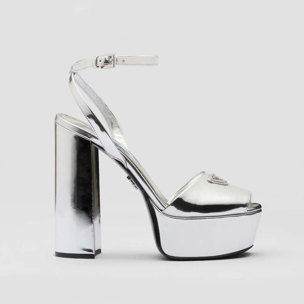 Prada Metallic Leather Platform Sandals for Women in Silver