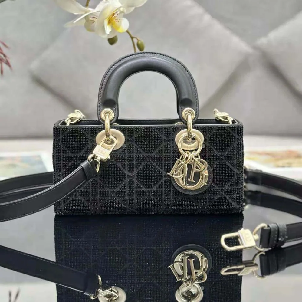 Dior Small Lady D-joy Bag Black Cannage Cotton with Micropearl Embroidery for Women