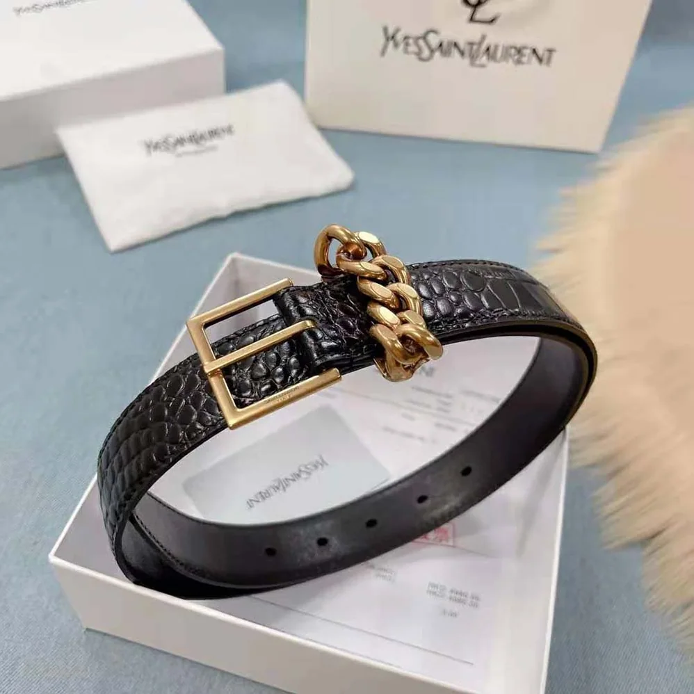 Saint Laurent YSL Chain-loop Narrow Belt with Square Buckle in Lacquered Python for Women