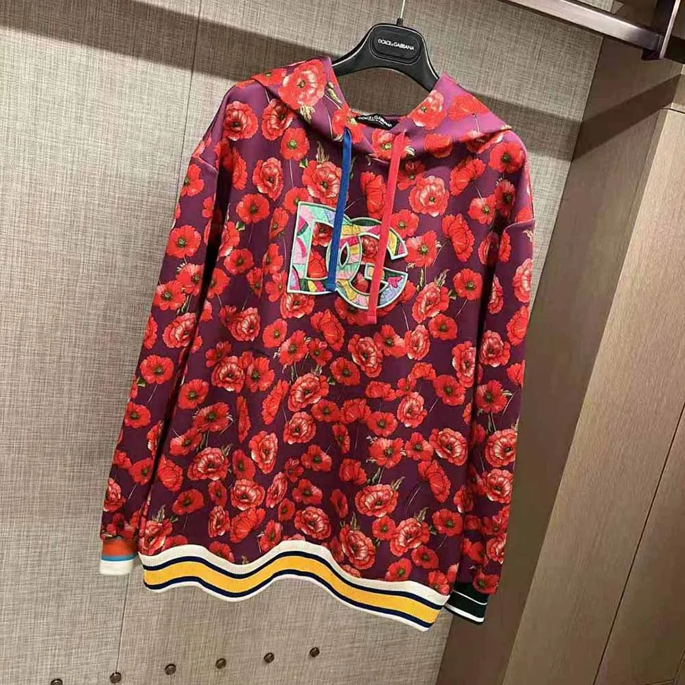 Dolce Gabbana D&G Garden-Print Jersey Hoodie for Women in Red Dolce Gabbana D&G Garden-Print Jersey Hoodie for Women in Red