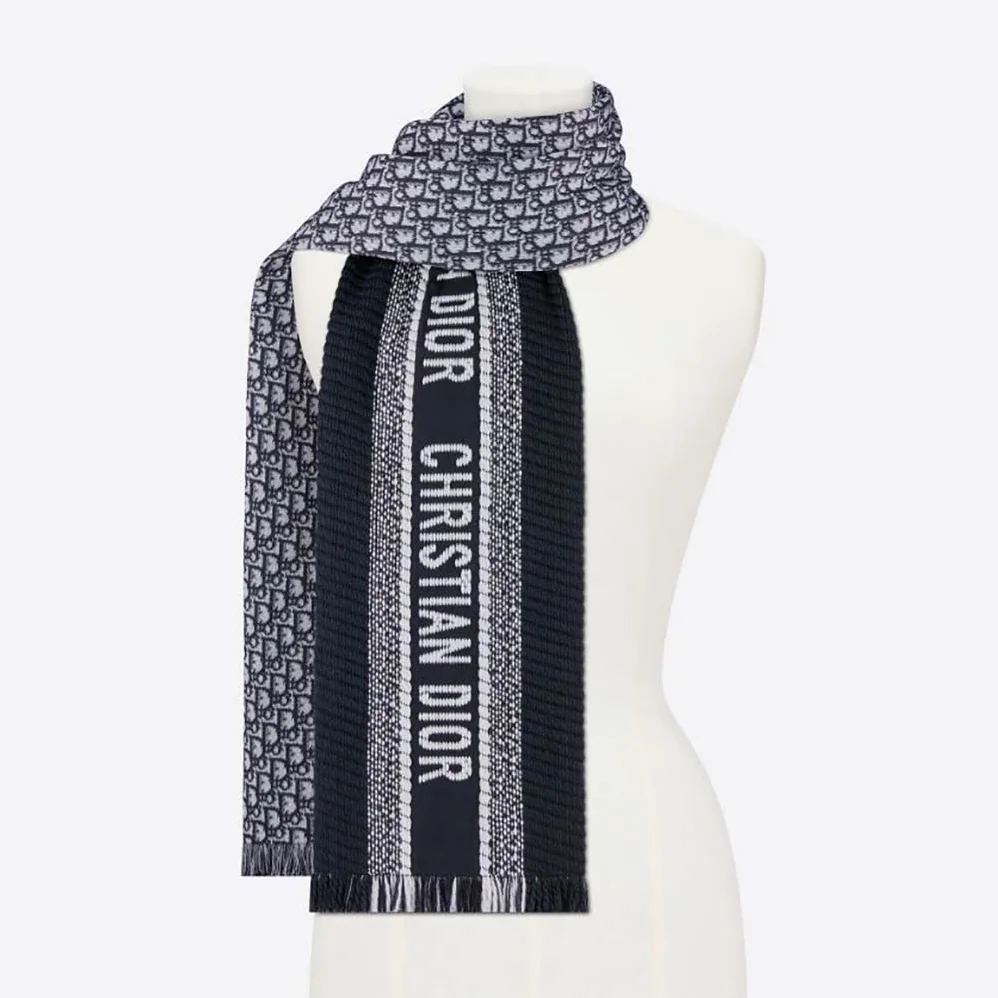 Dior Oblique University Reversible Scarf Navy Blue Wool and Silk for Women Dior Oblique University Reversible Scarf Navy Blue Wool and Silk for Women