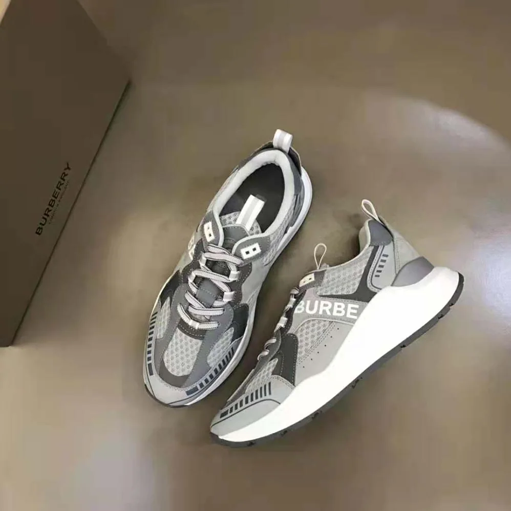 Burberry Logo Print Suede and Mesh Sneakers for Men in Silver