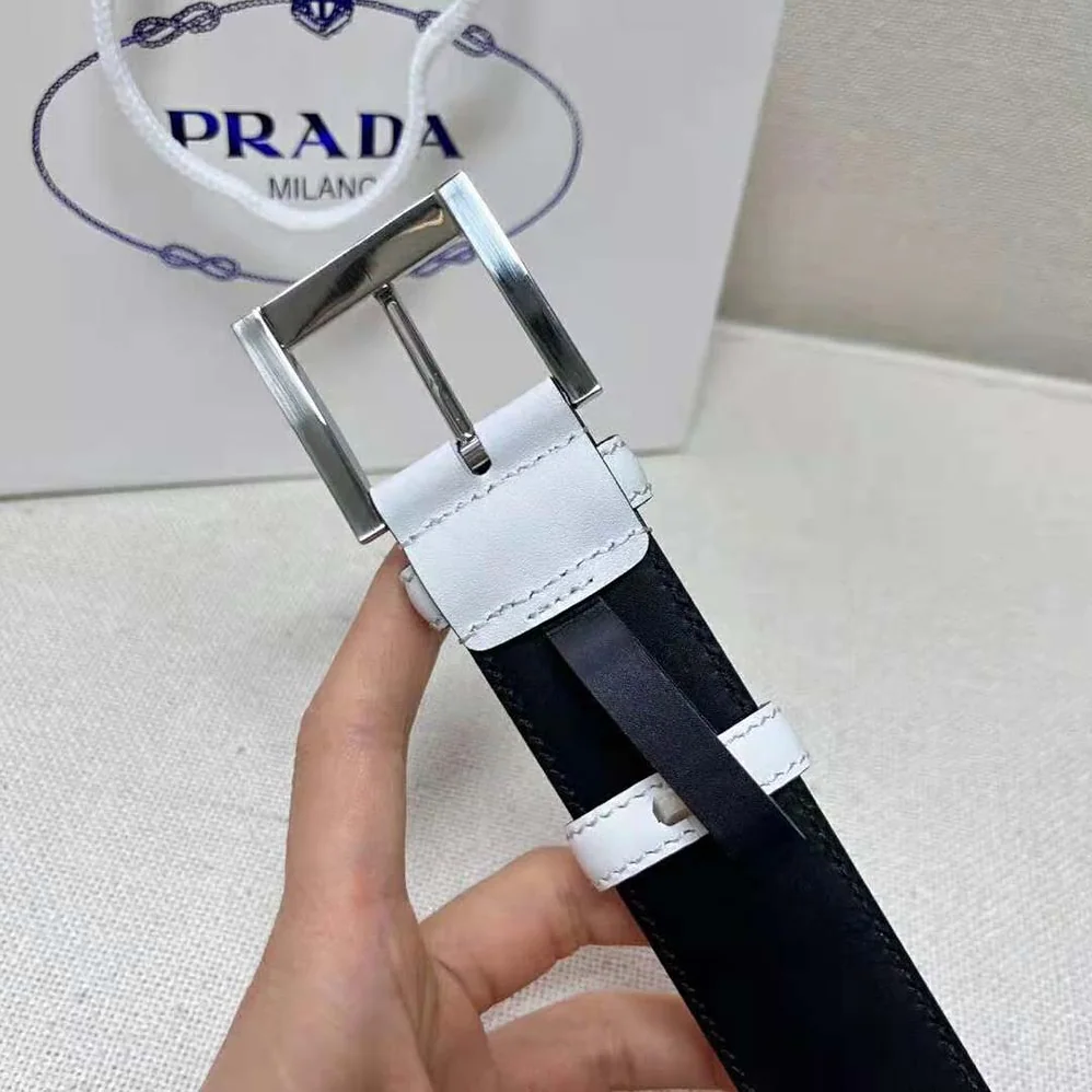 Prada Leather Belt with Enameled-Metal Triangle Logo for Women in White