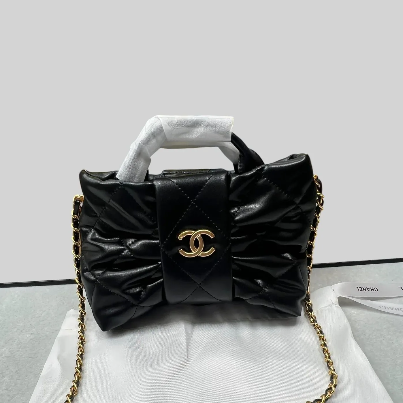Chanel Bow Mini Top Handle Bag in Black Gold Hardware