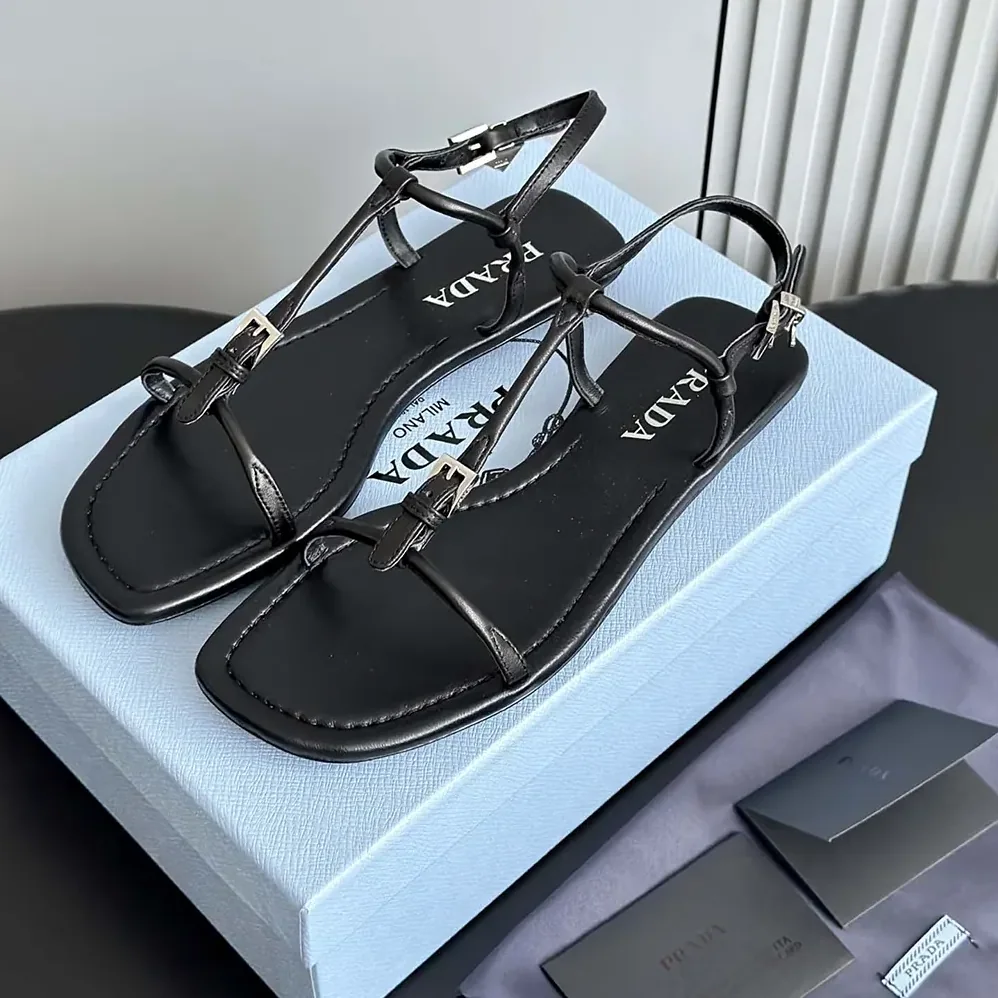 Prada Flat Leather Sandals for Women in Black Prada Flat Leather Sandals for Women in Black