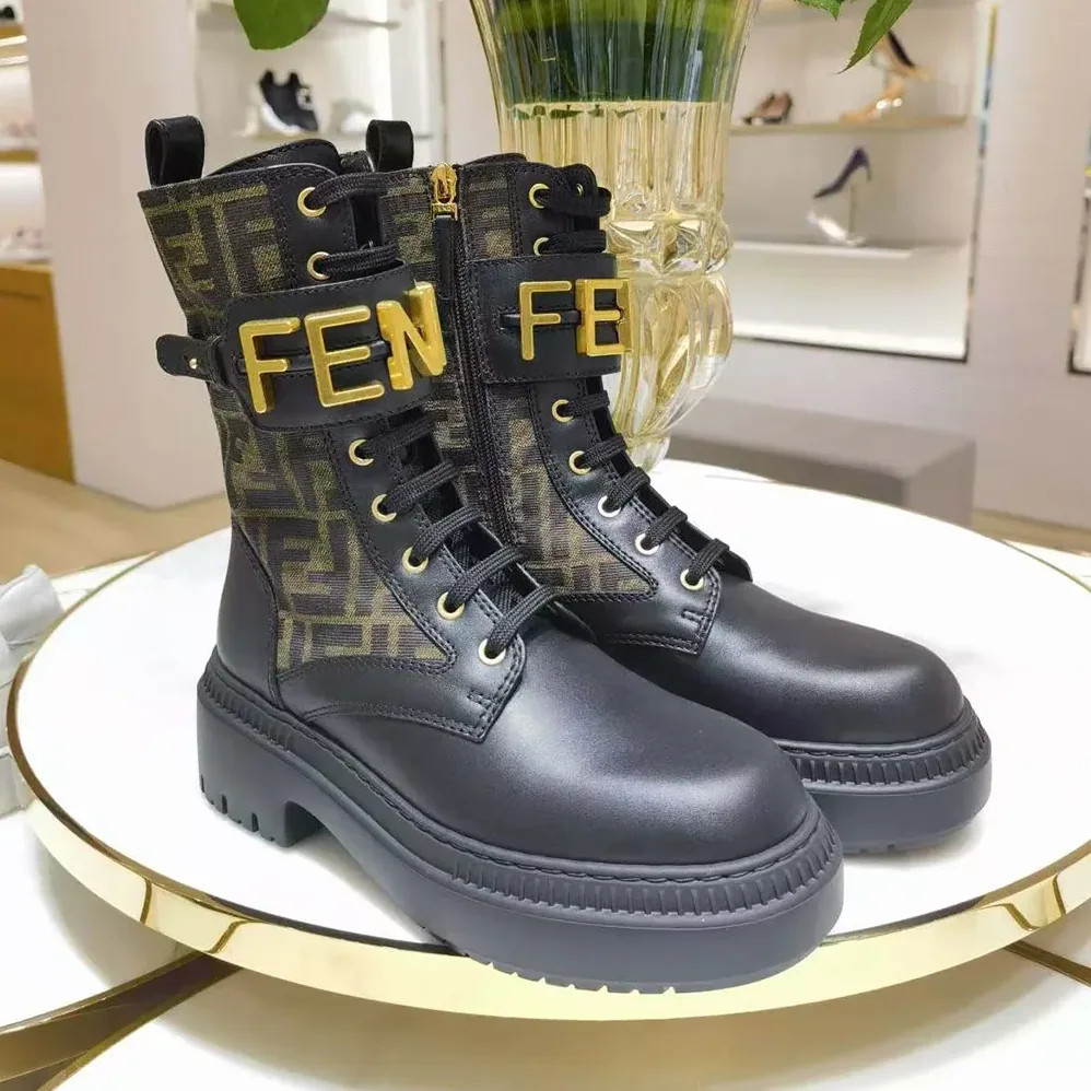 Fendi Fendigraphy Black Leather Biker Boots with Stretch Fabric for Women Fendi Fendigraphy Black Leather Biker Boots with Stretch Fabric for Women