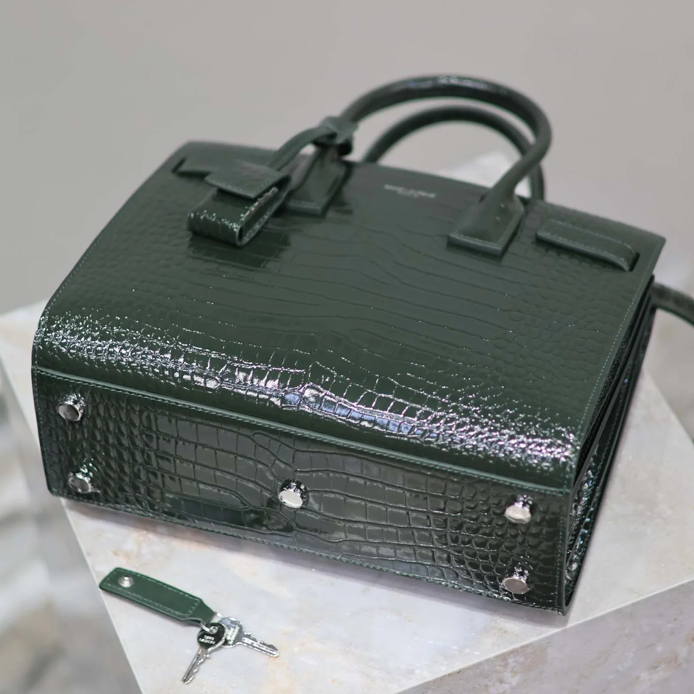 Saint Laurent YSL Sac De Jour in Embossed Crocodile Leather Baby for Women in Dark Green